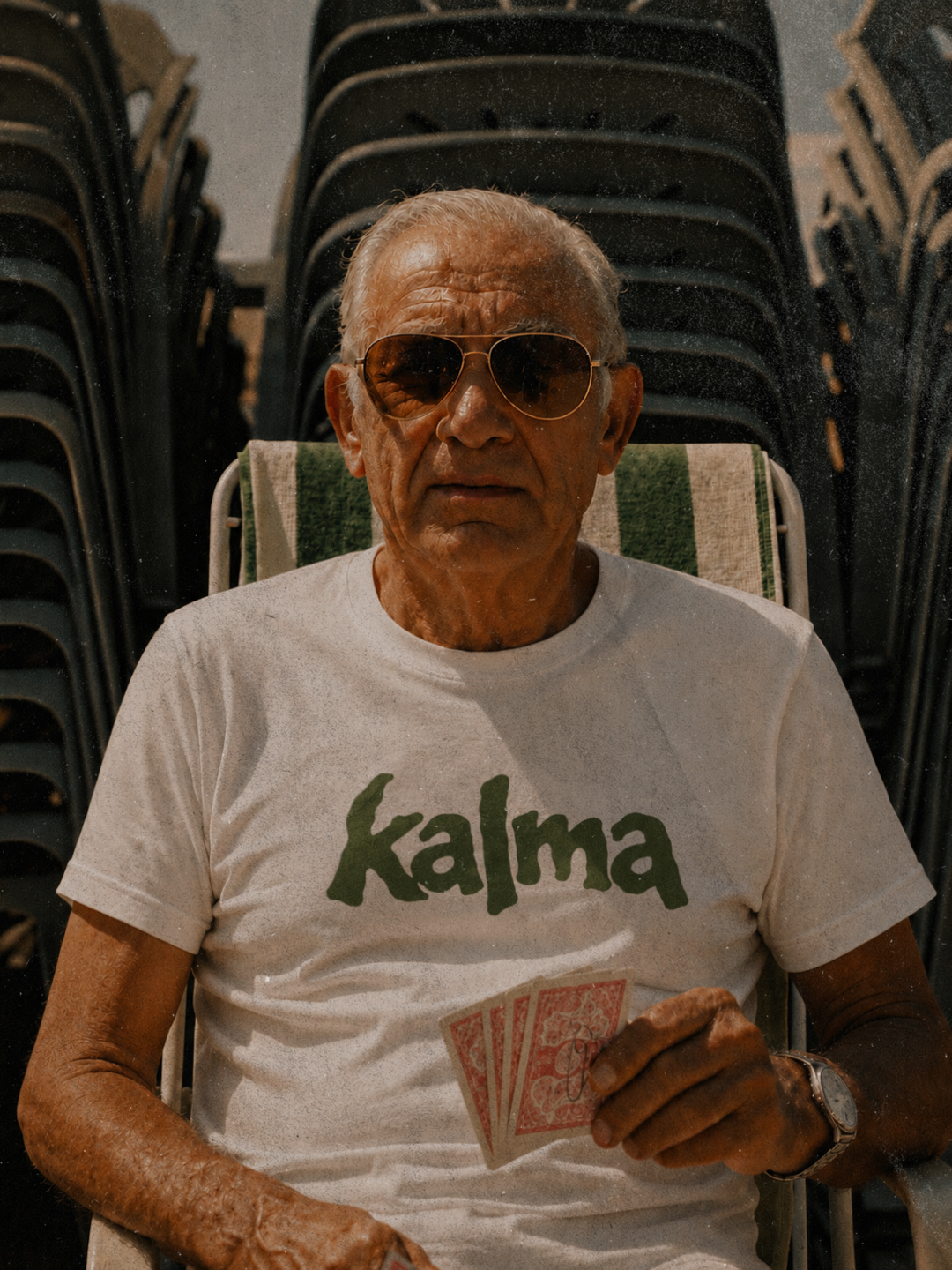 Señor mayor con una camiseta blanca con el logo de Kalma estampado